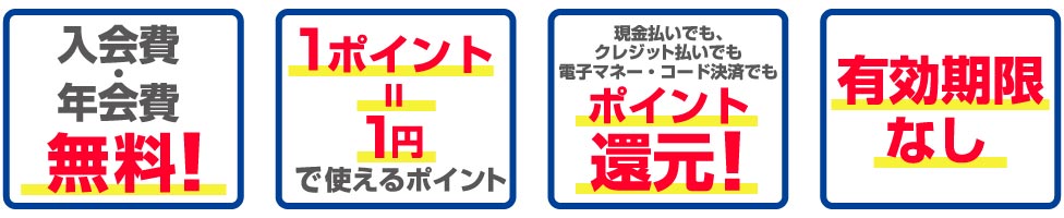 入会費・年会費無料！、1ポイント＝1円で使えるポイント、現金払いでもクレジット払いでも電子マネー・コード決済でもポイント還元！、有効期限なし。